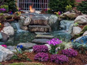 Outdoor fireplace and pond 